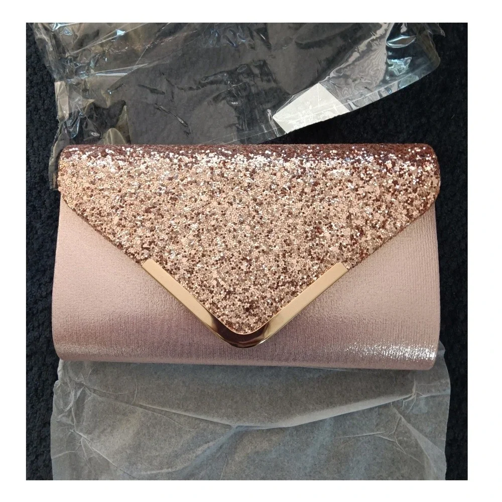 Champagne‎ Pink Glitter Envelope Clutch Bag Gold V Trim Formal Evening Purse NEW